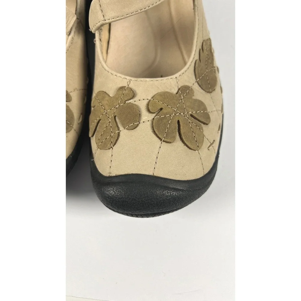Keen Mary Jane Shoes Beige Leather Floral Leaf Applique Comfort Flats Womens 8.5